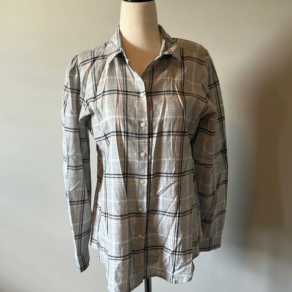 Ann Taylor LOFT sz S button front long sleeved grey plaid top - Picture 1 of 8
